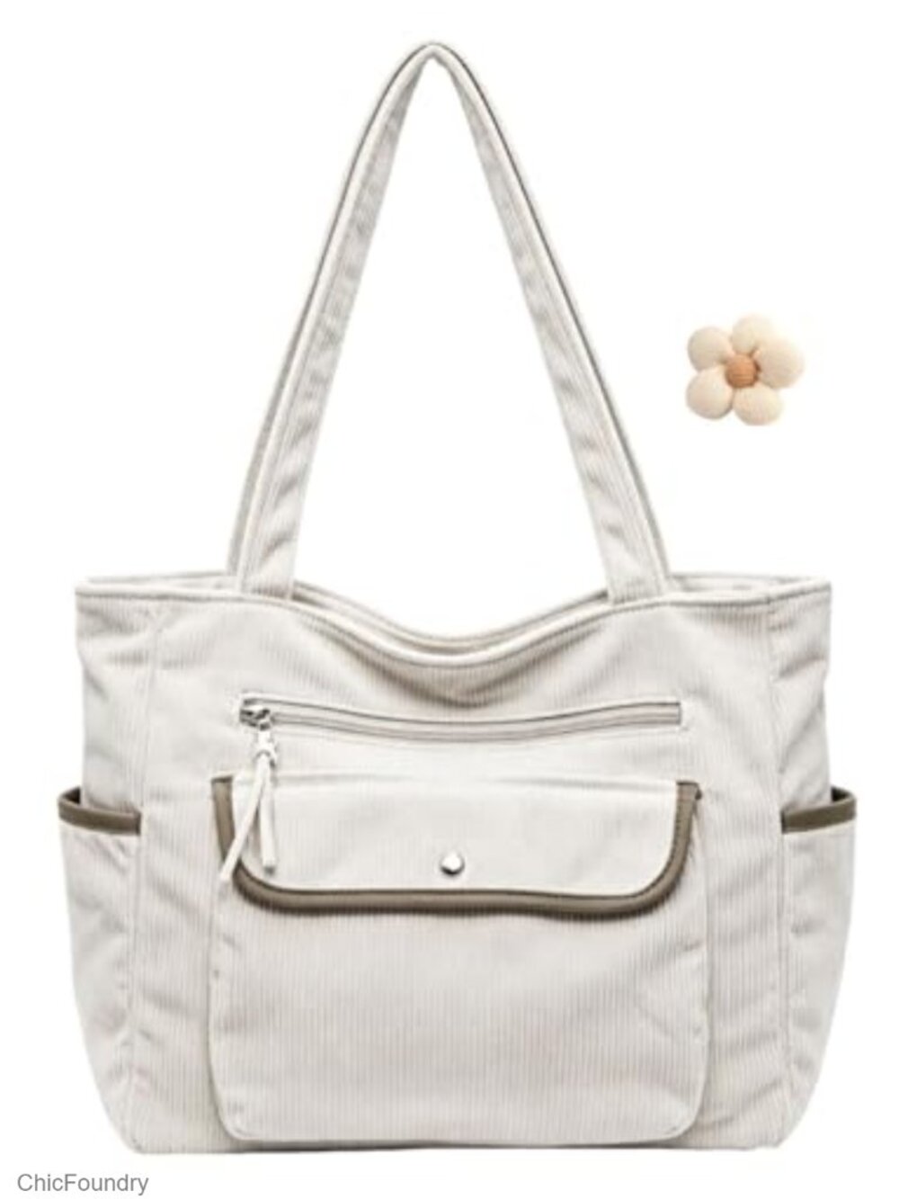 Soft Corduroy Tote Bag with Multiple Pockets for Work Travel